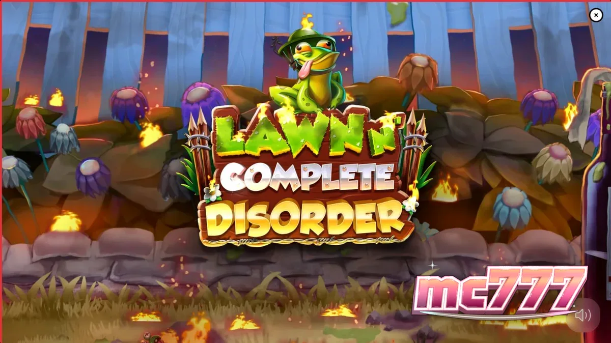 Tampilan visual slot Lawn N’ Complete Disorder dengan tema kurcaci taman yang penuh api